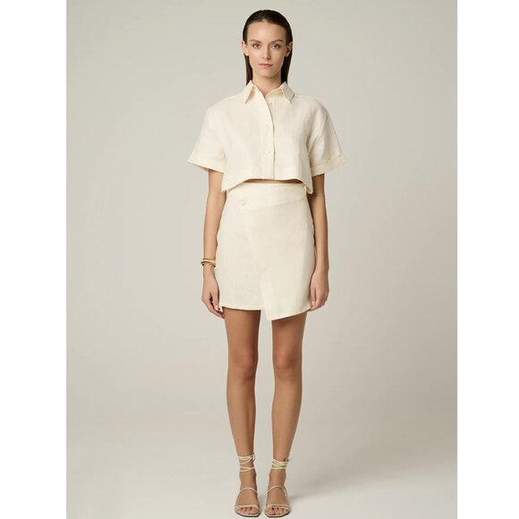 Hevron Dresses & Skirts - HEVRON Women Melanie Linen Cut-Out Mini Dress XS Ivory Short Sleeve Asymmetrical